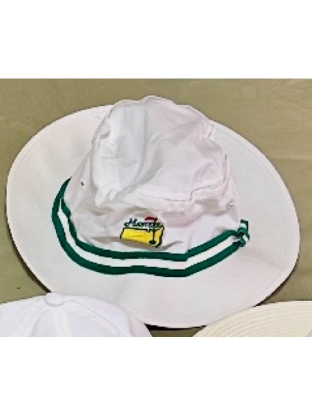 Masters White Bucket Hat with Green Trim and Embroidered Logo